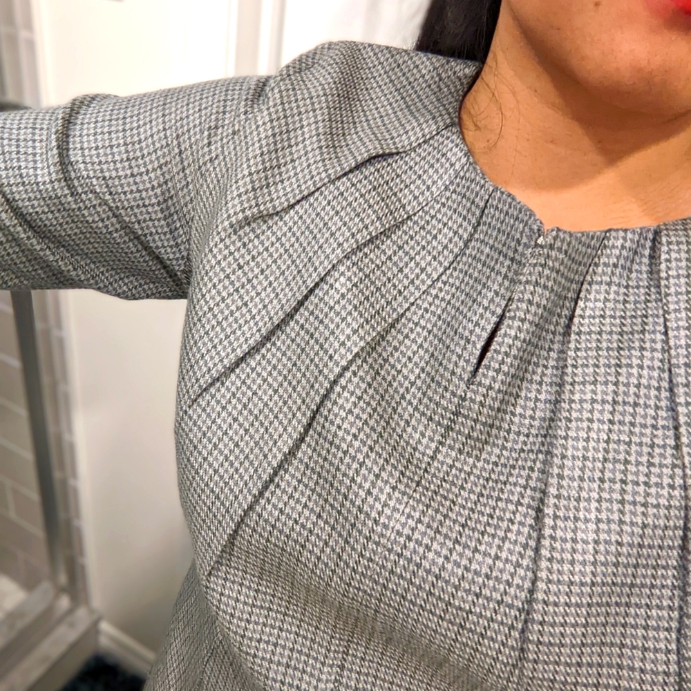 60s-inspired Retro Houndstooth Plaid Grey Long Sleeve Dress Silk/Wool L/XL